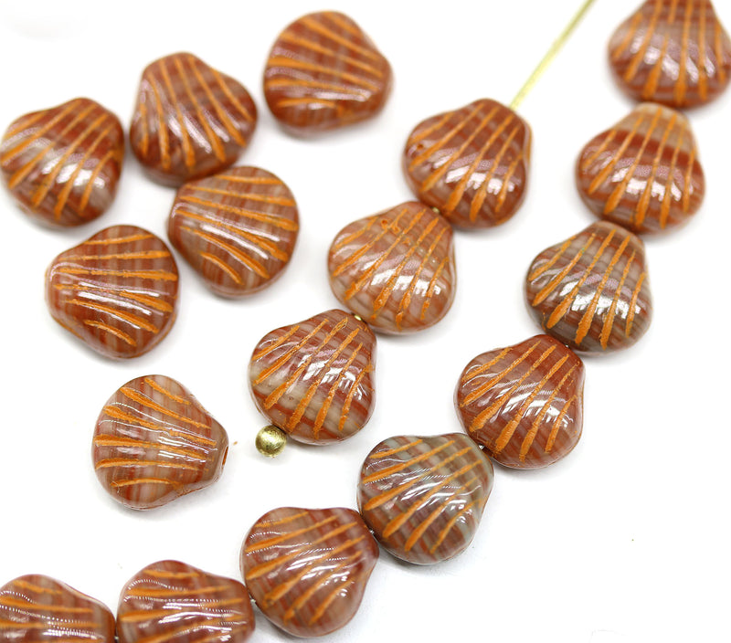 9mm Brown czech glass shell beads -20pc