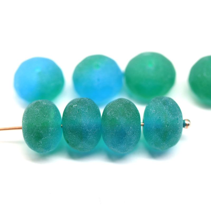 7x11mm Frosted blue green puffy rondelle Czech glass beads, 8pc