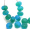 7x11mm Frosted blue green puffy rondelle Czech glass beads, 8pc