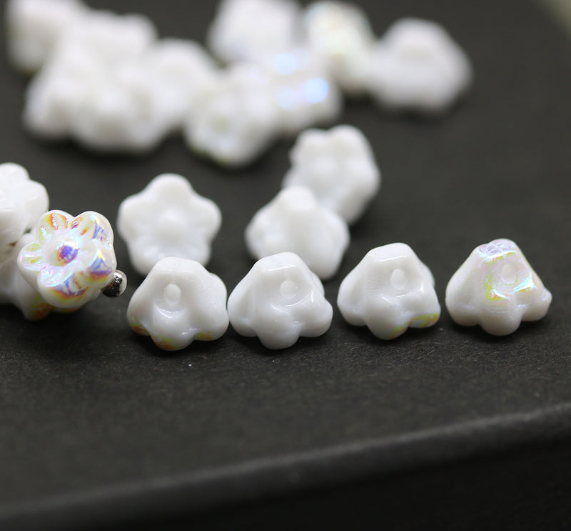 7mm White button style flower glass beads AB finish, 25pc