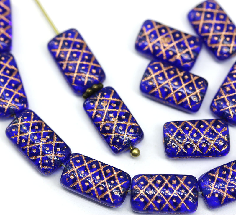 13x7mm Dark blue ornament rectangle pillows copper inlays, 15pc