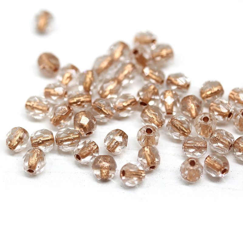 4mm Clear Czech glass beads rose copper holes, 50Pc
