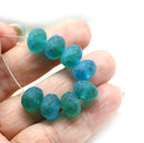 7x11mm Frosted blue green puffy rondelle Czech glass beads, 8pc