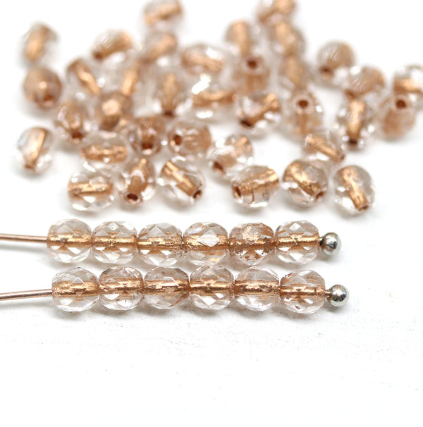 4mm Clear Czech glass beads rose copper holes, 50Pc