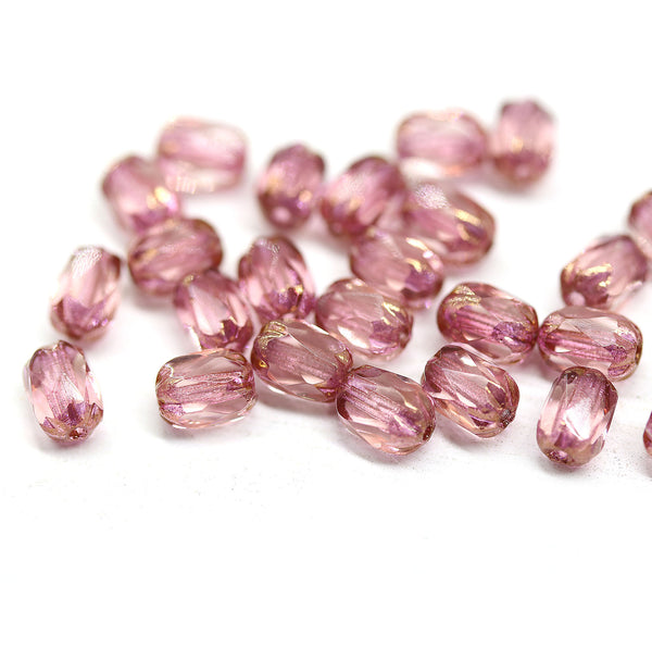 6x4mm Pink rice czech glass fire polished beads golden ends, 25pc