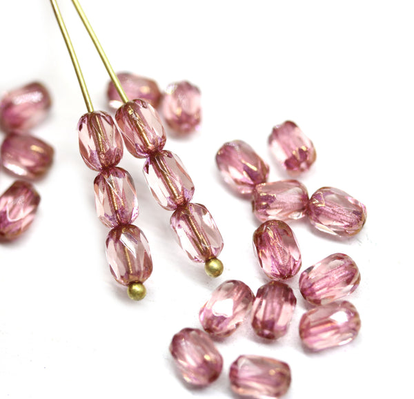 6x4mm Pink rice czech glass fire polished beads golden ends, 25pc