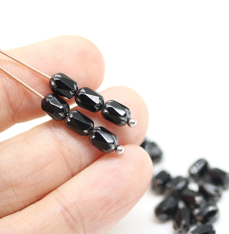 6x4mm Black rice czech glass fire polished beads silver ends, 25pc