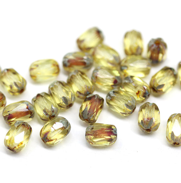 6x4mm Light yellow rice czech glass fire polished beads picasso ends, 25pc