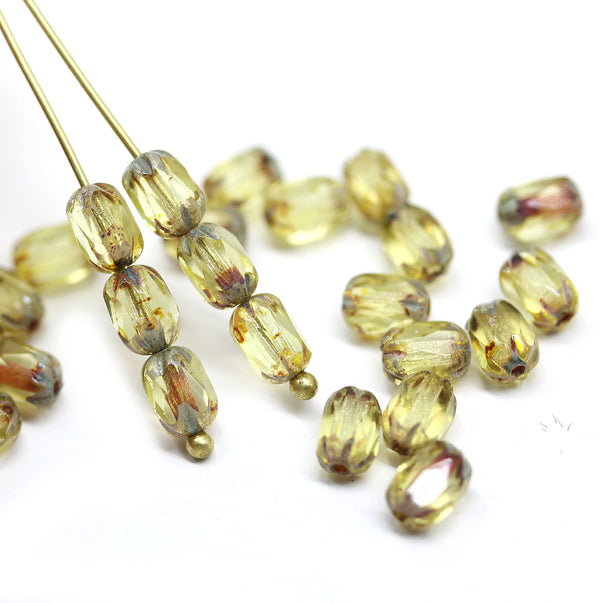 6x4mm Light yellow rice czech glass fire polished beads picasso ends, 25pc
