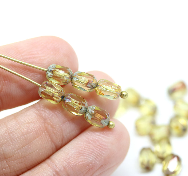 6x4mm Light yellow rice czech glass fire polished beads picasso ends, 25pc