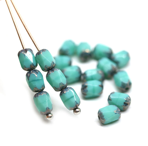 6x4mm Turquoise green rice czech glass fire polished beads, 25pc