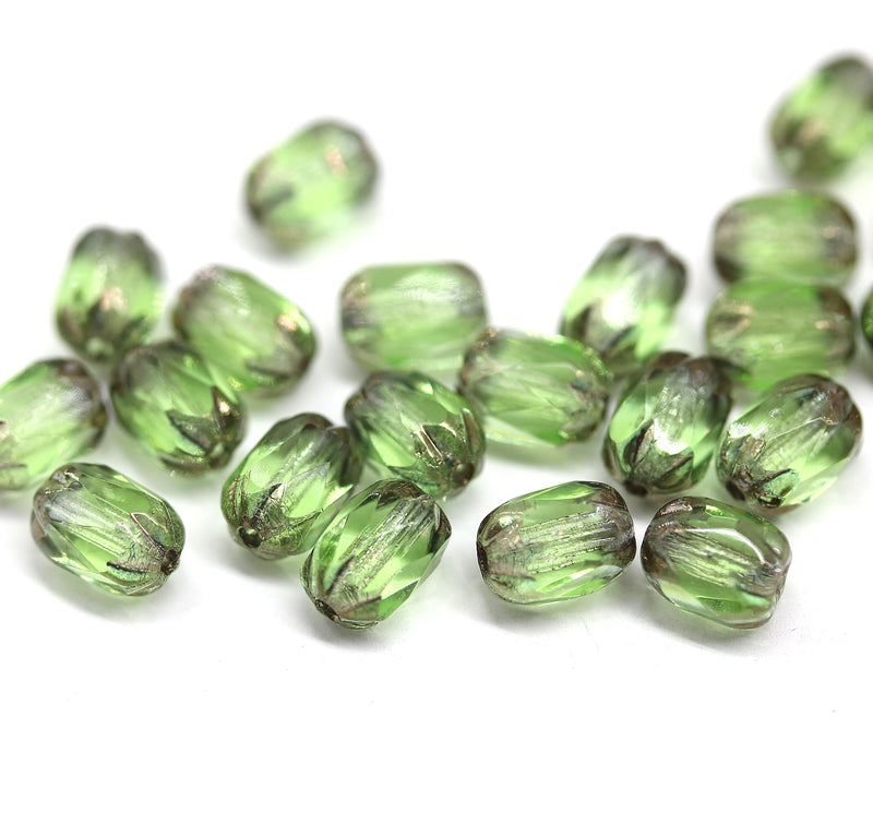 6x4mm Green rice czech glass fire polished beads copper ends, 25pc