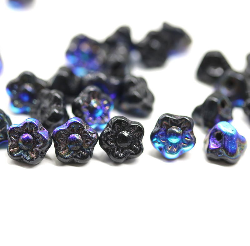 7mm Black button style flower glass beads, metallic blue luster, 25pc
