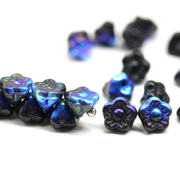7mm Black button style flower glass beads, metallic blue luster, 25pc