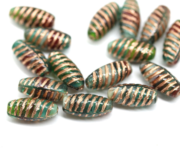 14x7mm Teal green long barrel czech glass beads copper wash, 15Pc