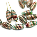 14x7mm Teal green long barrel czech glass beads copper wash, 15Pc
