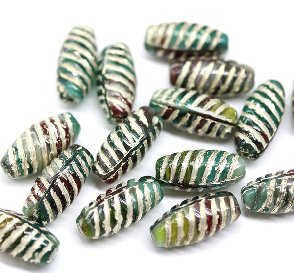 14x7mm Teal green long barrel czech glass beads silver wash, 15Pc