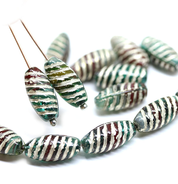 14x7mm Teal green long barrel czech glass beads silver wash, 15Pc