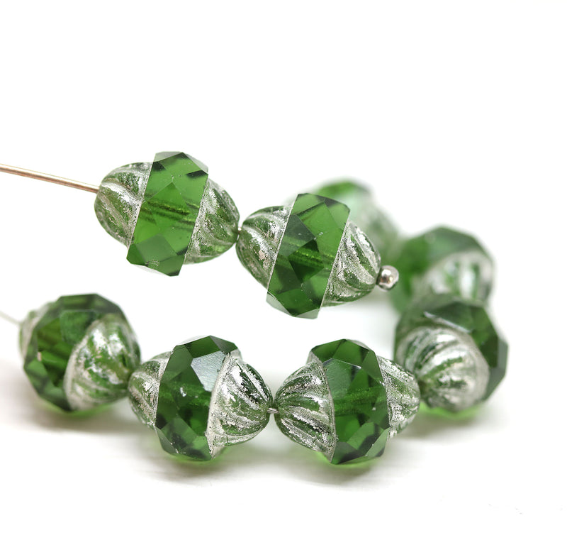 11x10mm Green turbine beads dull silver ends - 8pc