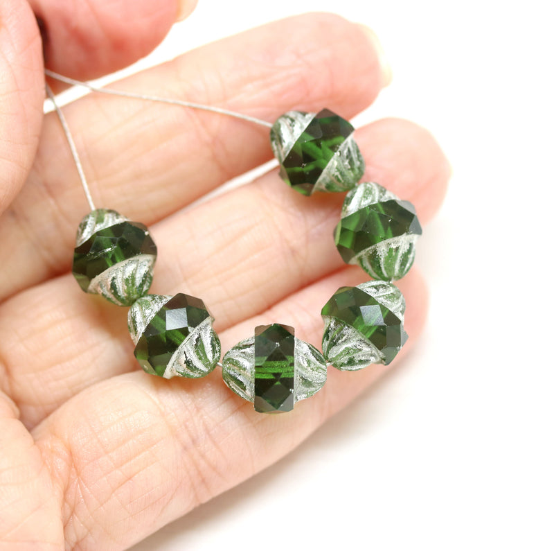 11x10mm Green turbine beads dull silver ends - 8pc