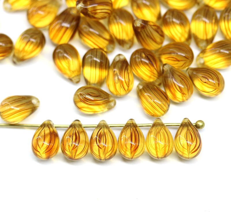 6x9mm Amber yellow czech glass teardrop beads with stripes, 40pc
