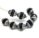 11x10mm Black turbine czech glass beads silver ends - 8pc