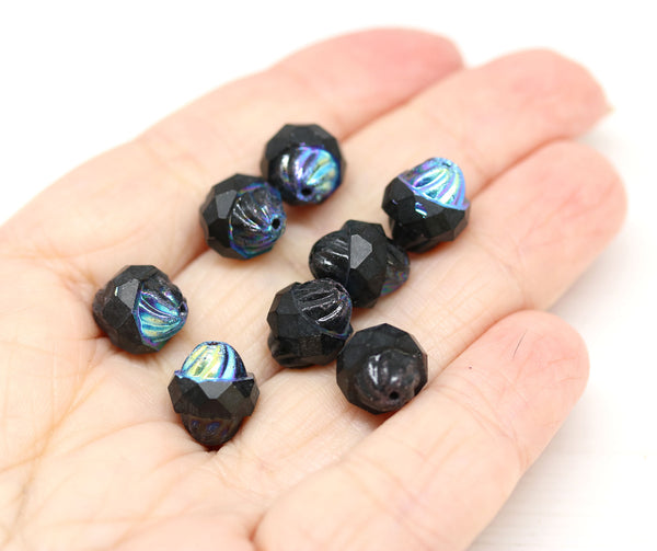 11x10mm Black turbine czech glass beads AB finish - 8pc