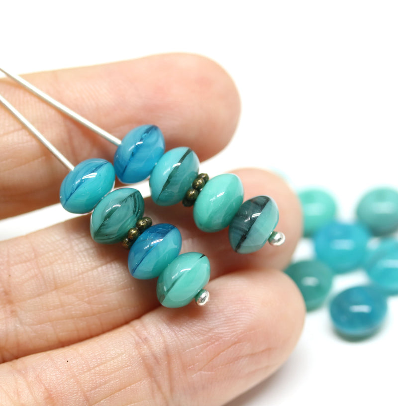 5x8mm Teal blue puffy rondelle Czech glass beads - 20Pc