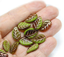 14x9mm Green brown Czech glass leaves, copper wash, 15pc