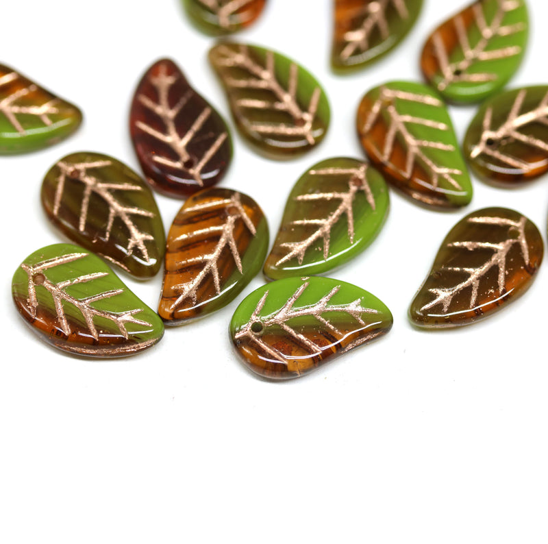 14x9mm Green brown Czech glass leaves, copper wash, 15pc