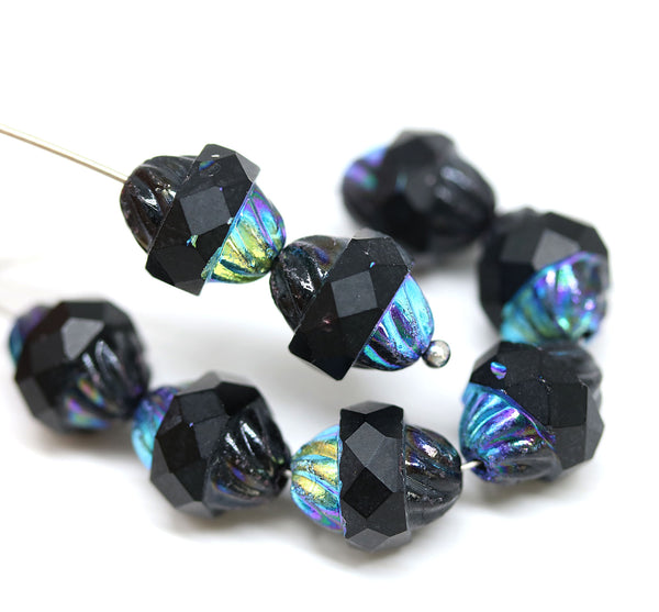 11x10mm Black turbine czech glass beads AB finish - 8pc