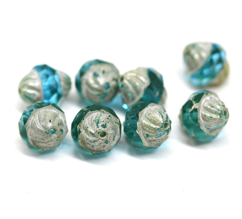 11x10mm Sea blue turbine beads Picasso finish - 8pc