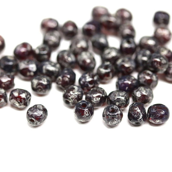 4mm Dark red Czech glass beads fire polished silver wash, 50Pc