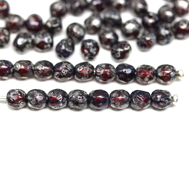 4mm Dark red Czech glass beads fire polished silver wash, 50Pc