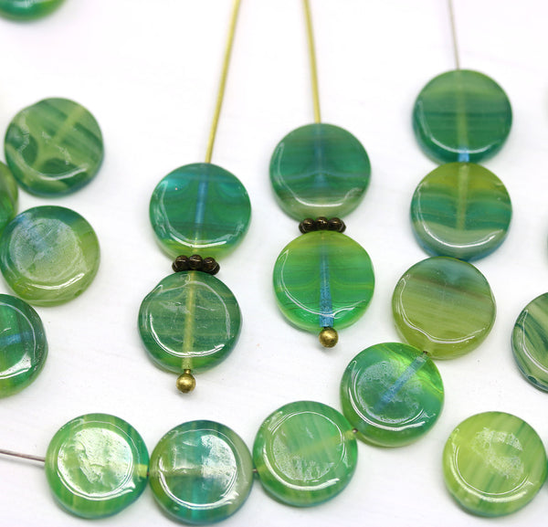 10mm Green yellow Coin shaped czech glass beads, 25Pc