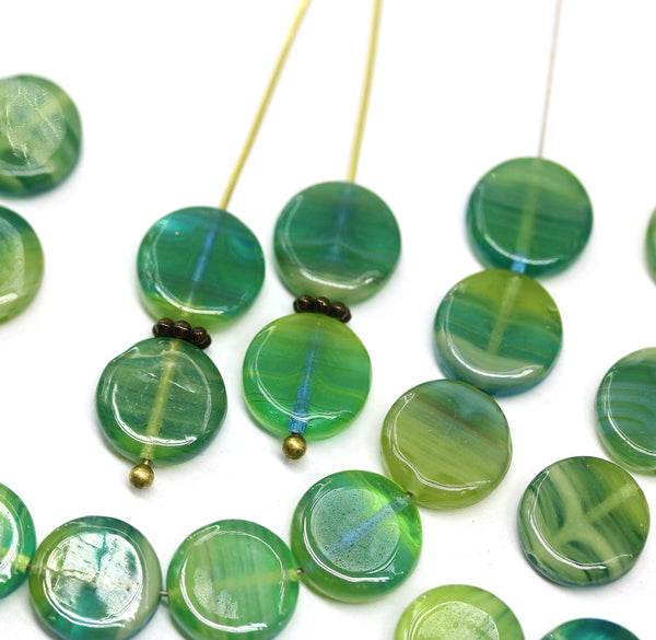 10mm Green yellow Coin shaped czech glass beads, 25Pc