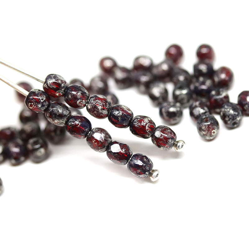 4mm Dark red Czech glass beads fire polished silver wash, 50Pc