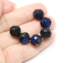11mm Large black bicone glass beads blue luster - 6pc