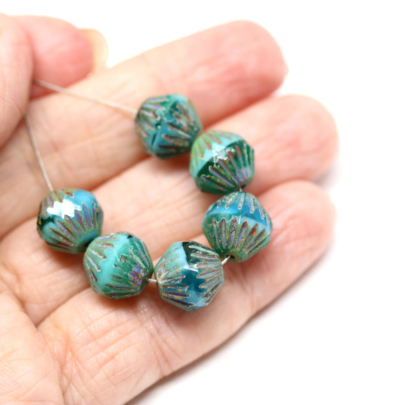11mm Large bicone beads Picasso finish sea blue - 6pc