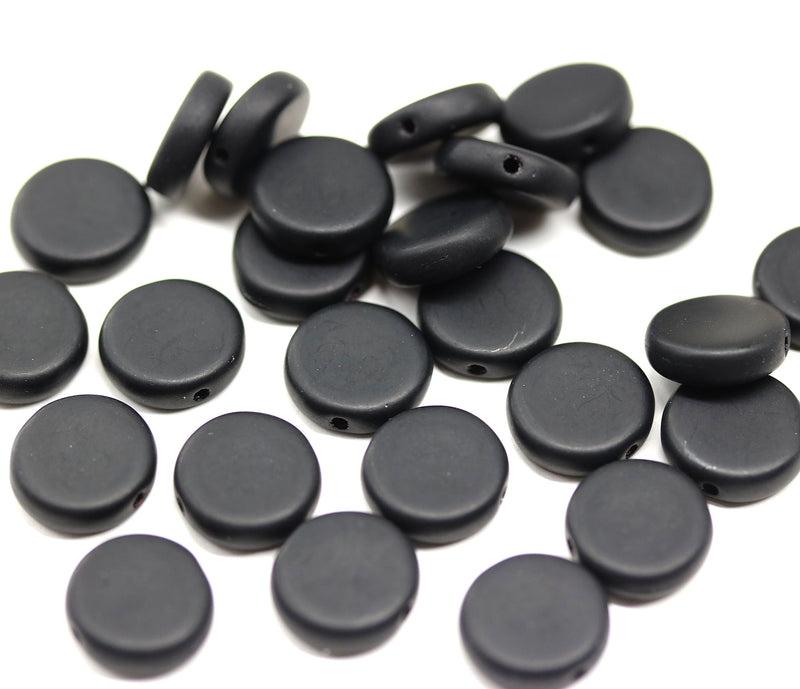 10mm Matte black coin czech glass beads, round tablet shape, 25Pc