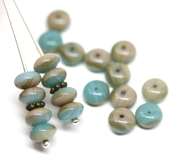 4x7mm Beige blue puffy rondelle Czech glass beads - 25Pc