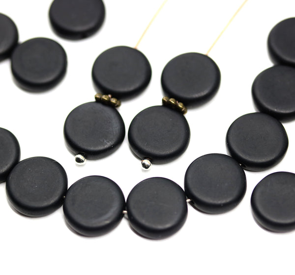 10mm Matte black coin czech glass beads, round tablet shape, 25Pc