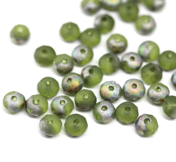 3x5mm Frosted grass green rondelle beads, Czech glass - 40pc