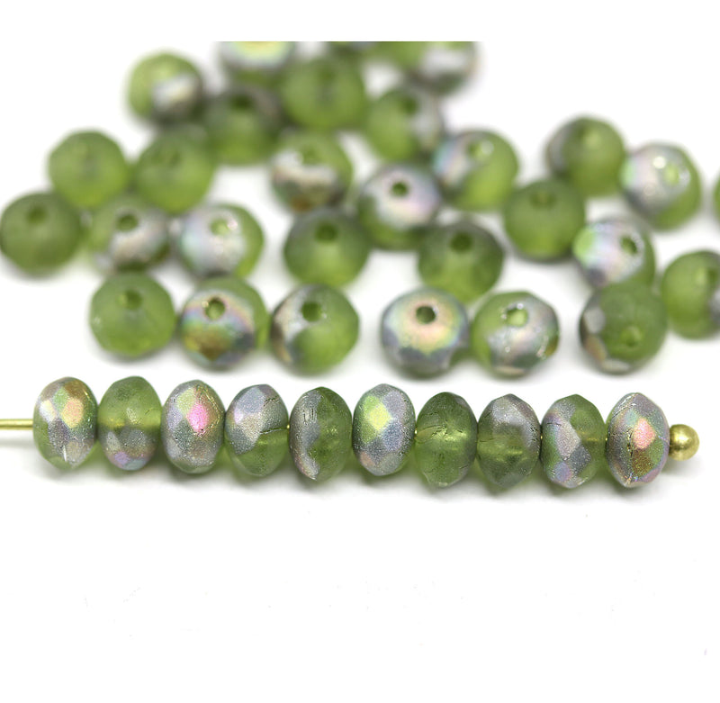 3x5mm Frosted grass green rondelle beads, Czech glass - 40pc
