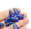 15x10mm Large cone blue czech glass beads, silver inlays, 8pc