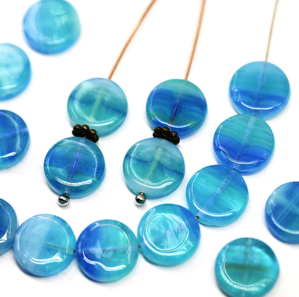 10mm Mixed Blue coin czech glass beads, round tablet shape pressed beads 25Pc