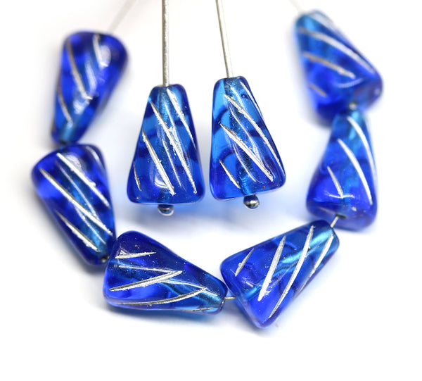 15x10mm Large cone blue czech glass beads, silver inlays, 8pc