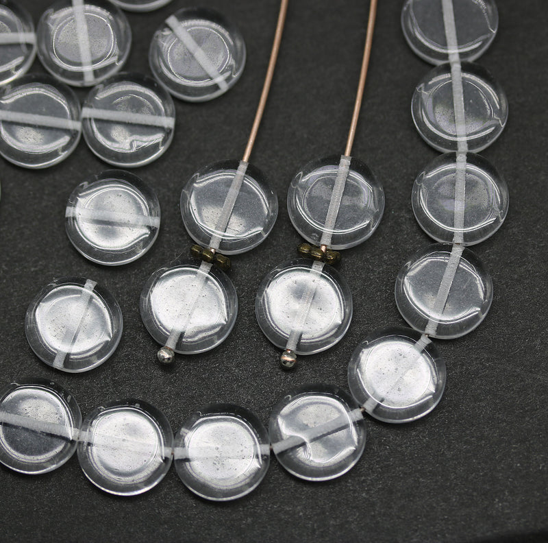 10mm Crystal clear coin czech glass beads, round tablet shape, 25Pc