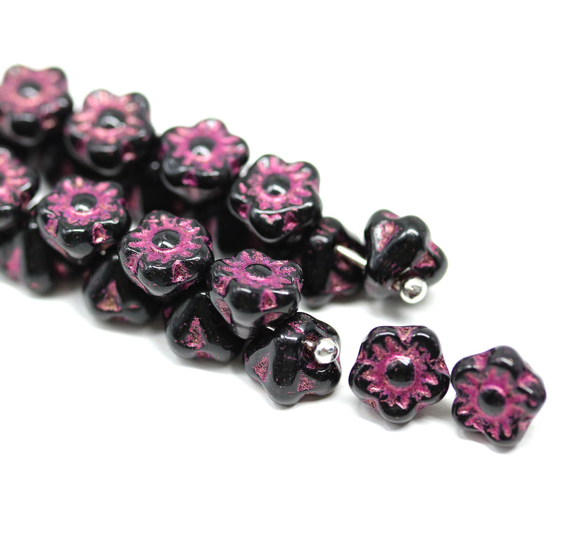 7mm Button style flower glass beads Black pink inlays - 25pc