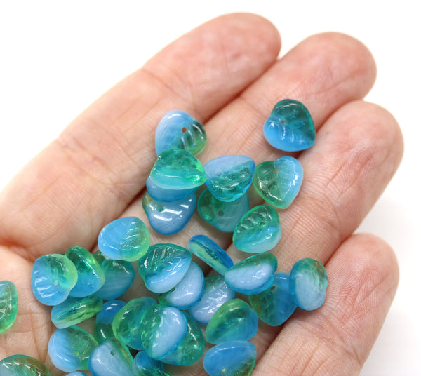 9mm Blue mixed czech glass leaf beads, Heart shaped triangle leaf, 40pc